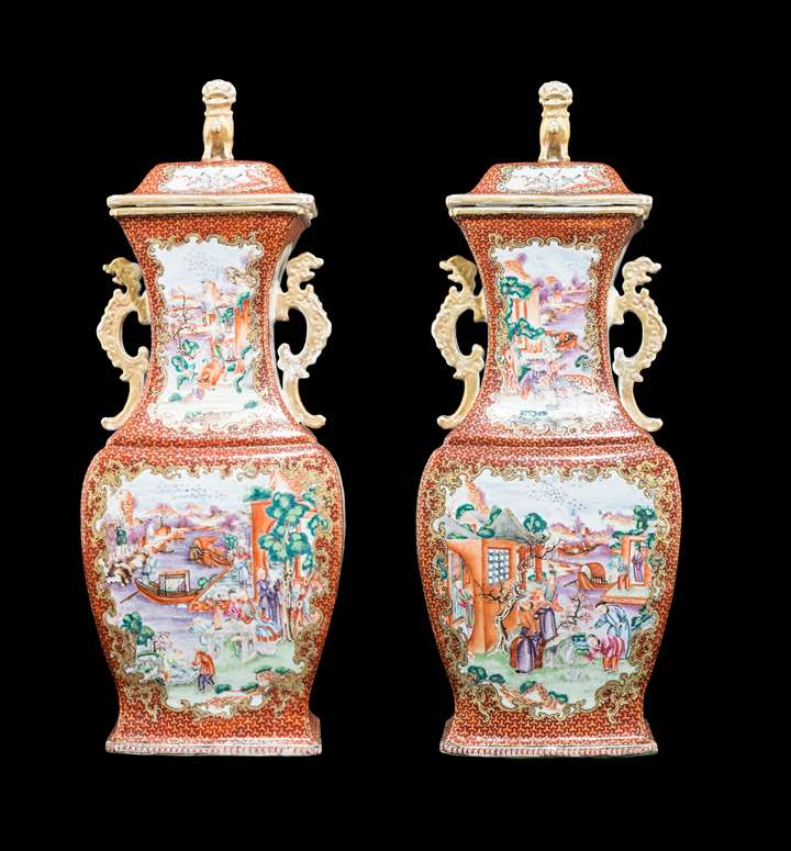 Pair of chinese export porcelain vases with famille rose decoration